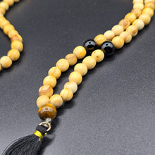 Load image into Gallery viewer, Palo Santo Mala Bead Necklace with Obsidian and Tiger Eye Stones