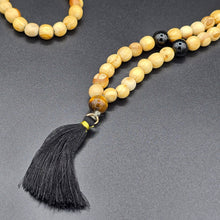 Load image into Gallery viewer, Palo Santo Mala Bead Necklace with Obsidian and Tiger Eye Stones