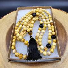 Load image into Gallery viewer, Palo Santo Mala Bead Necklace with Obsidian and Tiger Eye Stones
