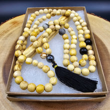 Load image into Gallery viewer, Palo Santo Mala Bead Necklace with Obsidian, Amazonite and Hematite Stones