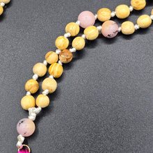 Load image into Gallery viewer, Palo Santo Mala Bead Necklace (Knotted) with Cherry Blossom Jasper Stones
