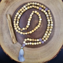 Load image into Gallery viewer, Palo Santo Mala Bead Necklace with Rose Quartz Stones