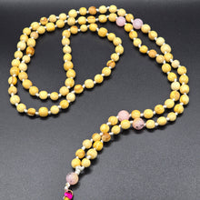 Load image into Gallery viewer, Palo Santo Mala Bead Necklace (Knotted) with Cherry Blossom Jasper Stones