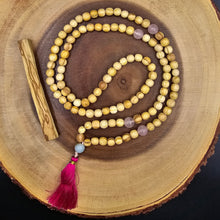 Load image into Gallery viewer, Palo Santo Mala Bead Necklace with Rose Quartz and Amazonite Stones