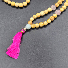 Load image into Gallery viewer, Palo Santo Mala Bead Necklace with Rose Quartz and Amazonite Stones