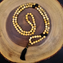 Load image into Gallery viewer, Palo Santo Mala Bead Necklace with Obsidian and Tiger Eye Stones