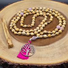 Load image into Gallery viewer, Palo Santo Mala Bead Necklace (Knotted) with Cherry Blossom Jasper Stones