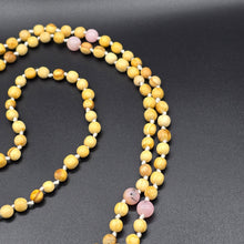 Load image into Gallery viewer, Palo Santo Mala Bead Necklace (Knotted) with Cherry Blossom Jasper Stones