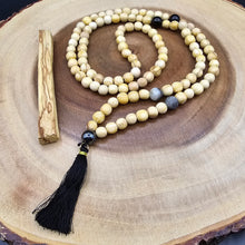 Load image into Gallery viewer, Palo Santo Mala Bead Necklace with Obsidian, Amazonite and Hematite Stones