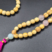 Load image into Gallery viewer, Palo Santo Mala Bead Necklace with Rose Quartz and Amazonite Stones