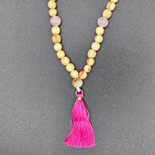 Load image into Gallery viewer, Palo Santo Mala Bead Necklace with Rose Quartz and Amazonite Stones