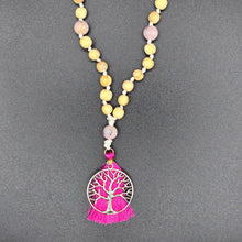 Load image into Gallery viewer, Palo Santo Mala Bead Necklace (Knotted) with Cherry Blossom Jasper Stones