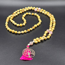 Load image into Gallery viewer, Palo Santo Mala Bead Necklace (Knotted) with Cherry Blossom Jasper Stones