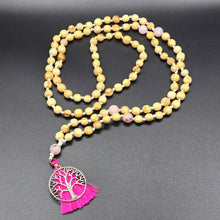 Load image into Gallery viewer, Palo Santo Mala Bead Necklace (Knotted) with Cherry Blossom Jasper Stones