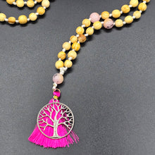 Load image into Gallery viewer, Palo Santo Mala Bead Necklace (Knotted) with Cherry Blossom Jasper Stones
