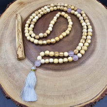 Load image into Gallery viewer, Palo Santo Mala Bead Necklace with Rose Quartz Stones