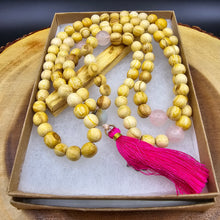 Load image into Gallery viewer, Palo Santo Mala Bead Necklace with Rose Quartz and Amazonite Stones