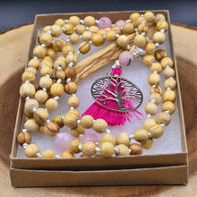 Load image into Gallery viewer, Palo Santo Mala Bead Necklace (Knotted) with Cherry Blossom Jasper Stones