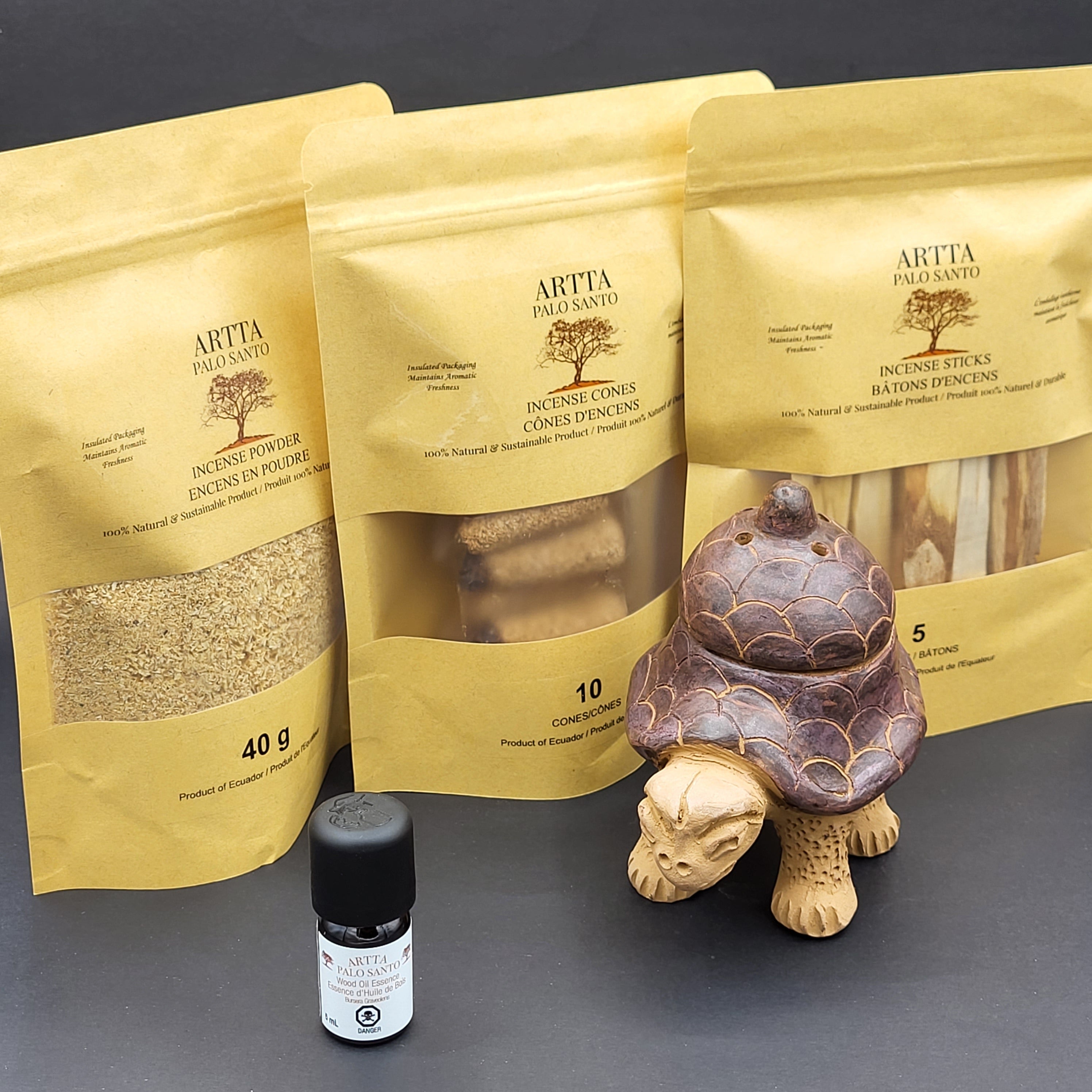 Burner (Tortoise), Cones (10pc), Sticks (5pc), Powder (40g) & Oil Essence  (5ml)