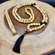 Load image into Gallery viewer, Palo Santo Mala Bead Necklace with Obsidian and Tiger Eye Stones
