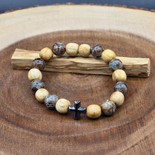 Load image into Gallery viewer, Bracelet - Palo Santo with Evil Eye Patterned Tibetan Agate (Olive Green)
