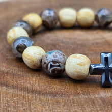 Load image into Gallery viewer, Bracelet - Palo Santo with Evil Eye Patterned Tibetan Agate (Olive Green)
