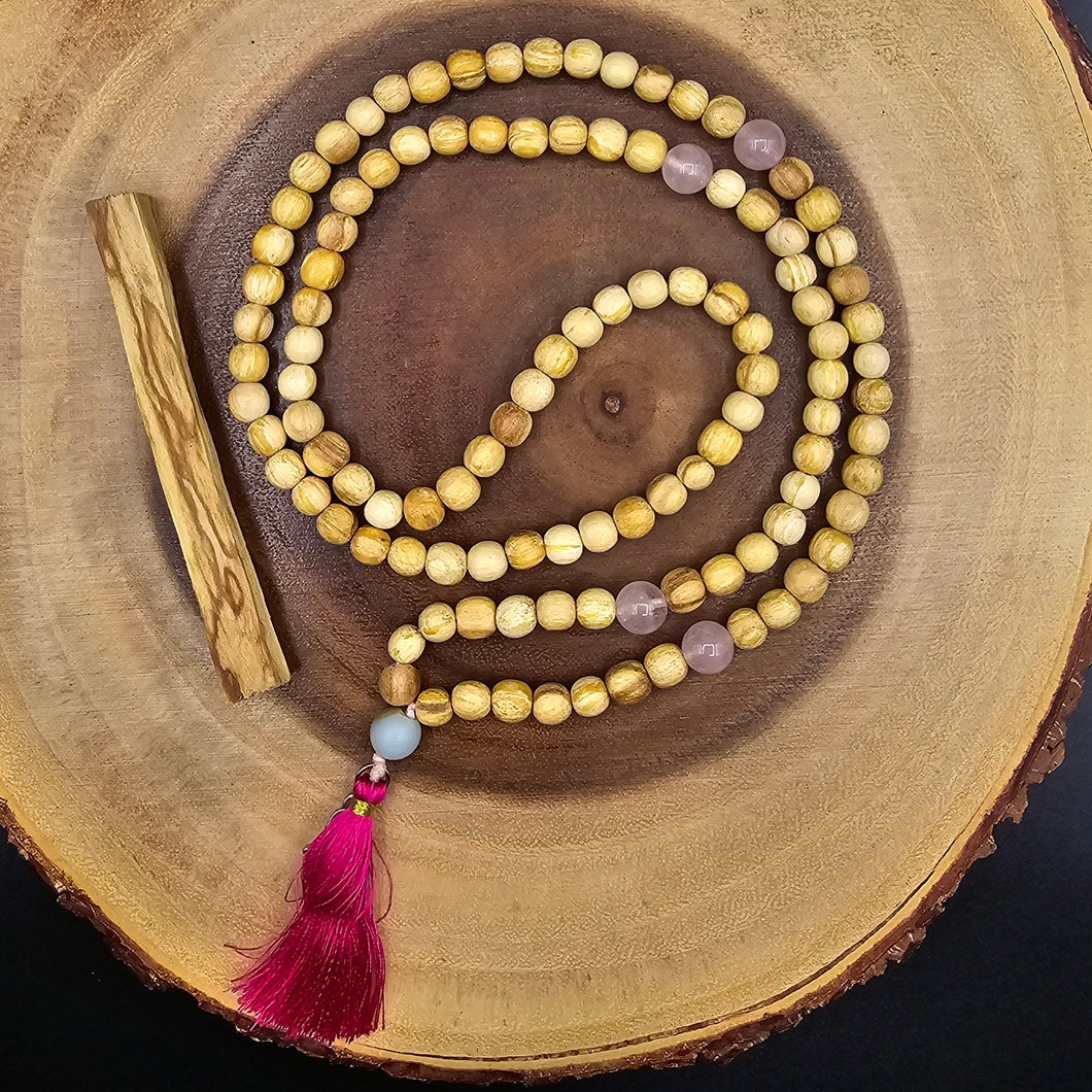 Palo Santo Mala Bead Necklace with Rose Quartz and Amazonite Stones