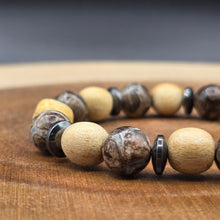 Load image into Gallery viewer, Bracelet - Palo Santo with Evil Eye Patterned Tibetan Agate (Olive Green), Special Edition
