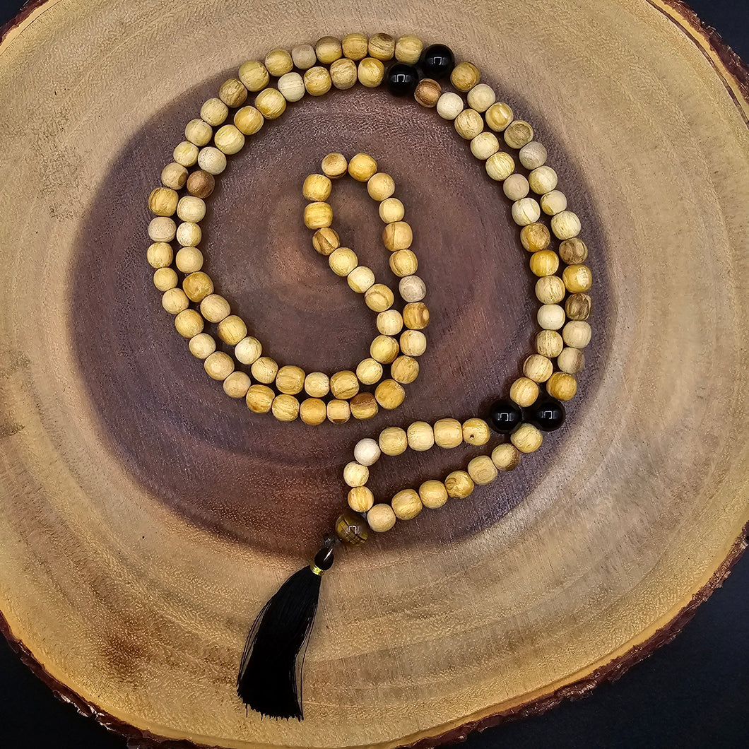 Palo Santo Mala Bead Necklace with Obsidian and Tiger Eye Stones