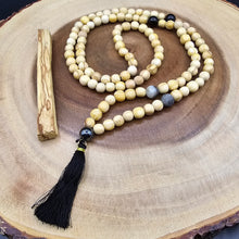 Load image into Gallery viewer, Palo Santo Mala Bead Necklace with Obsidian, Amazonite and Hematite Stones
