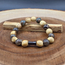 Load image into Gallery viewer, Bracelet - Palo Santo with Evil Eye Patterned Tibetan Agate (Olive Green)
