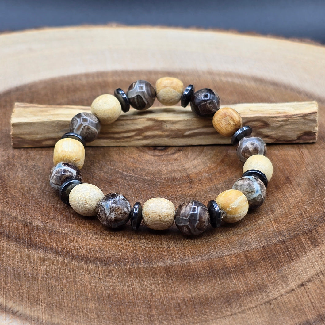 Bracelet - Palo Santo with Evil Eye Patterned Tibetan Agate (Olive Green), Special Edition