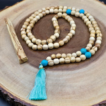 Load image into Gallery viewer, Palo Santo Mala Bead Necklace with Synthetic Turquoise Stones
