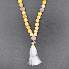 Load image into Gallery viewer, Palo Santo Mala Bead Necklace with Rose Quartz Stones
