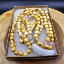 Load image into Gallery viewer, Palo Santo Mala Bead Necklace with Rose Quartz Stones
