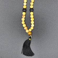 Load image into Gallery viewer, Palo Santo Mala Bead Necklace with Obsidian and Tiger Eye Stones
