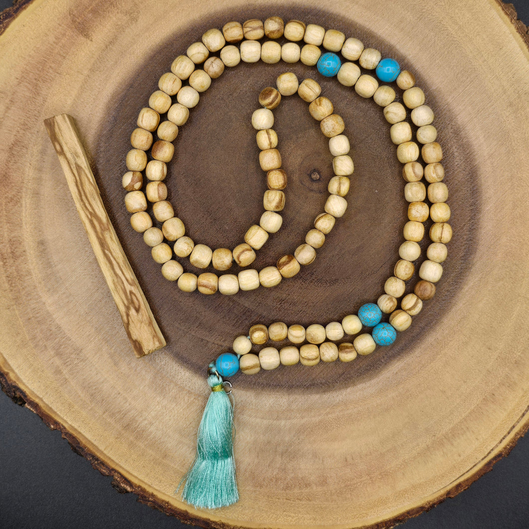 Palo Santo Mala Bead Necklace with Synthetic Turquoise Stones