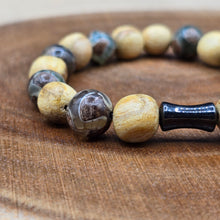 Load image into Gallery viewer, Bracelet - Palo Santo with Evil Eye Patterned Tibetan Agate (Olive Green)
