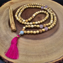 Load image into Gallery viewer, Palo Santo Mala Bead Necklace with Rose Quartz and Amazonite Stones
